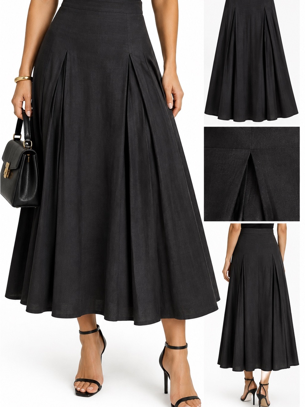 MM Lafleur Black A-Line Pleated Midi Skirt